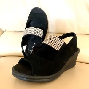 Skechers wedge heel with rhinestones open toe black slip on size 8 NEVER WORN